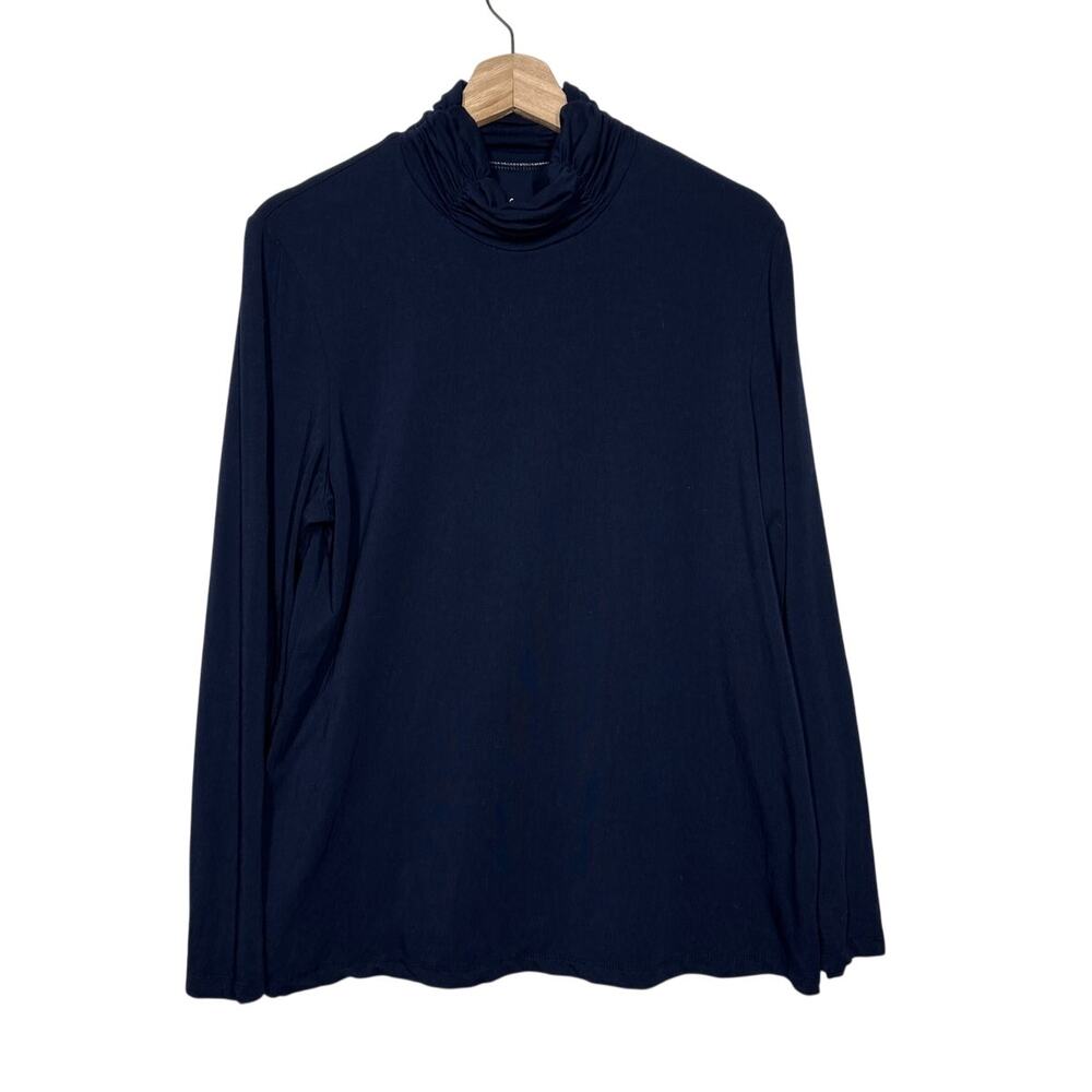 Susan Graver Liquid Knit Navy Blue Ruched Shirred Turtleneck Top Long Sleeve L